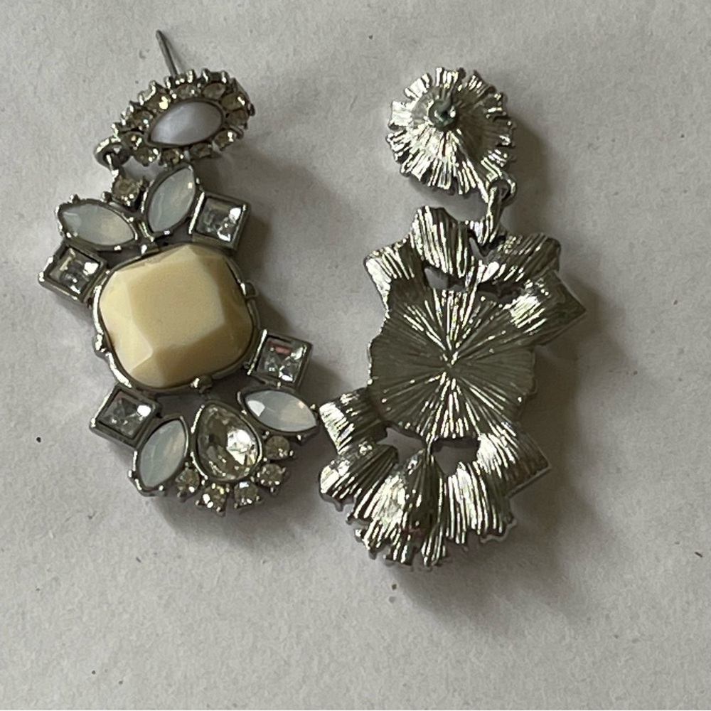 Ivory and Silver Dangle Earrings with Crystal Accents - Picture 4 of 4